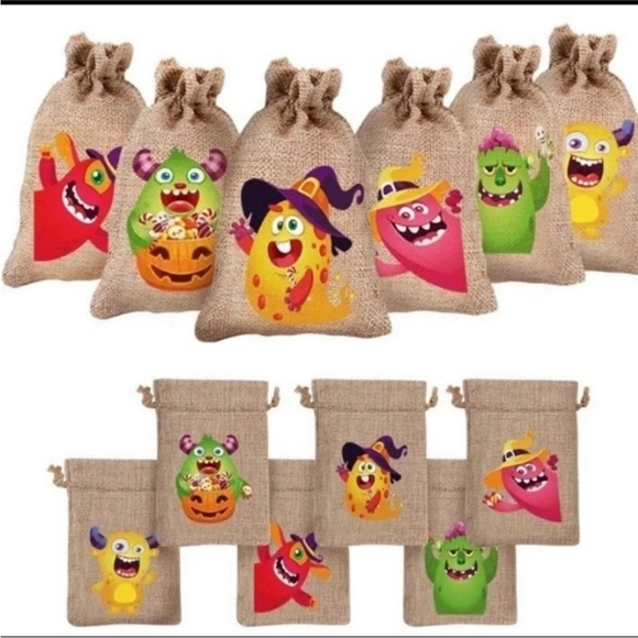 18PCS Halloween Burlap Gift Bags - Large Monster Goody Treat Bags w/ Drawstring - Picture 1 of 6